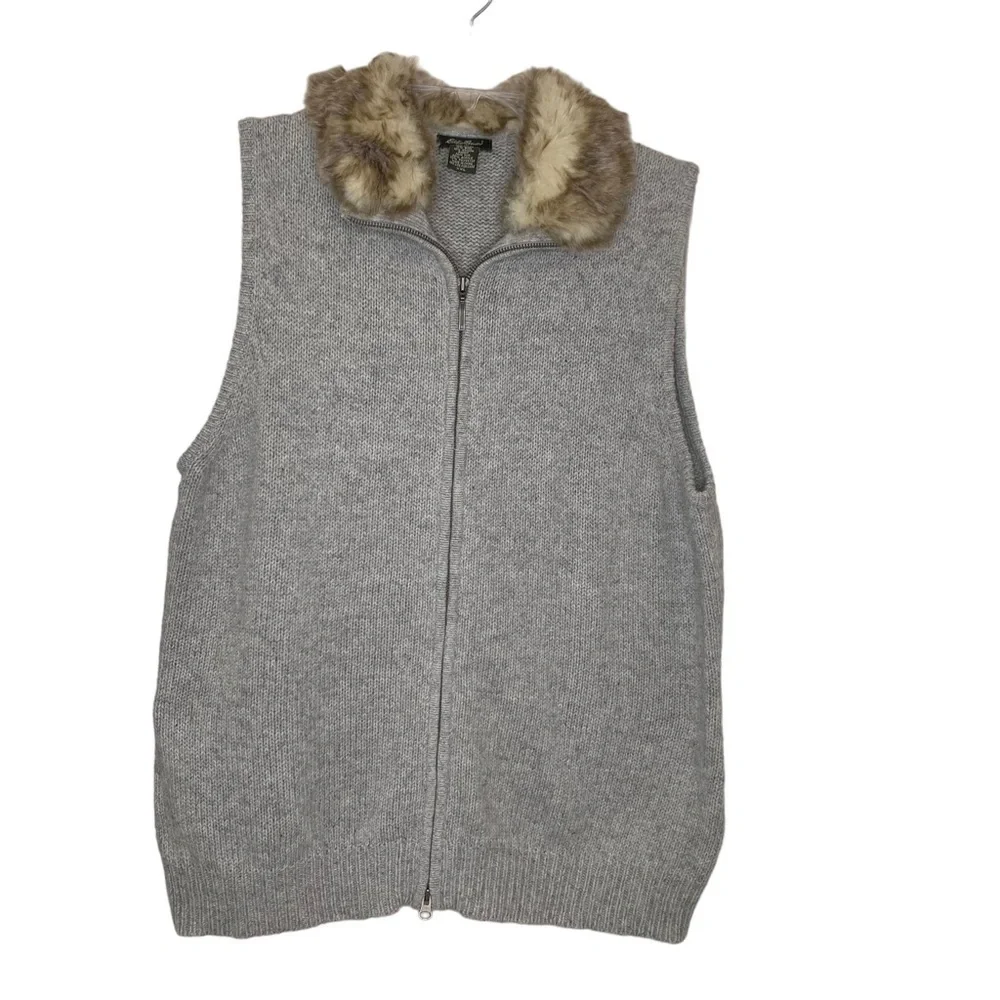 Eddie Bauer grey wool blend zippered vest sweater with faux fur collar. Size XXL